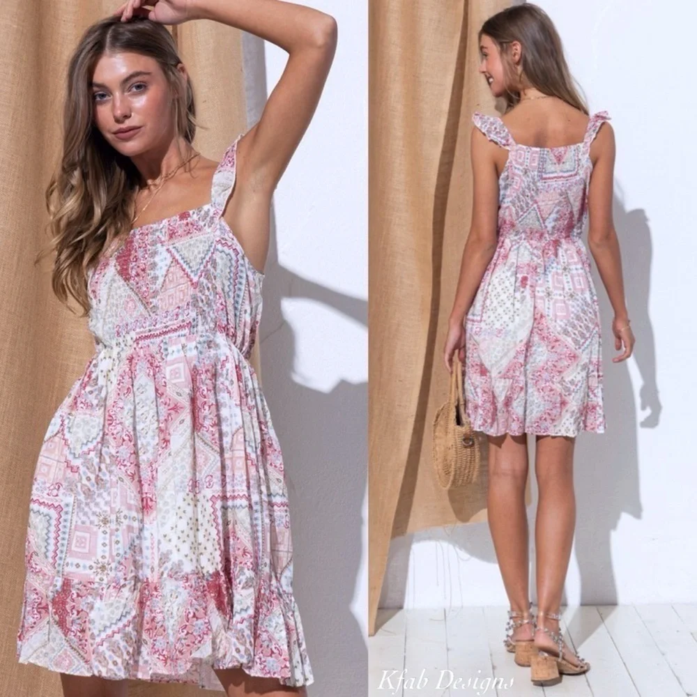 LAST 1! Boho Pink Multi Smocked Floral Ruffle Strap Dress!